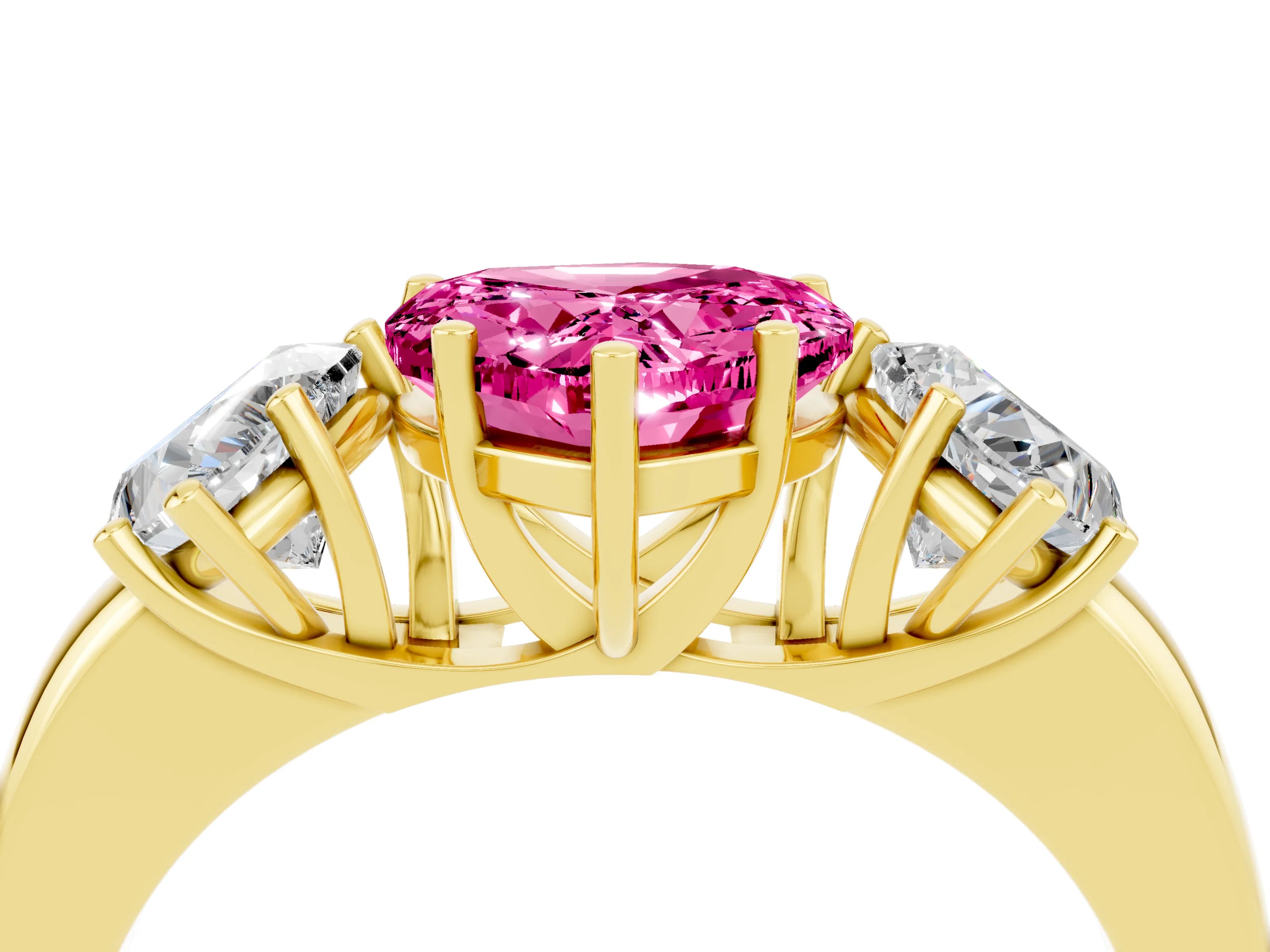 Yellow gold Heart Cut Pink Sapphire Three-Stone Ring with Four-Prong Setting and Classic Band_4