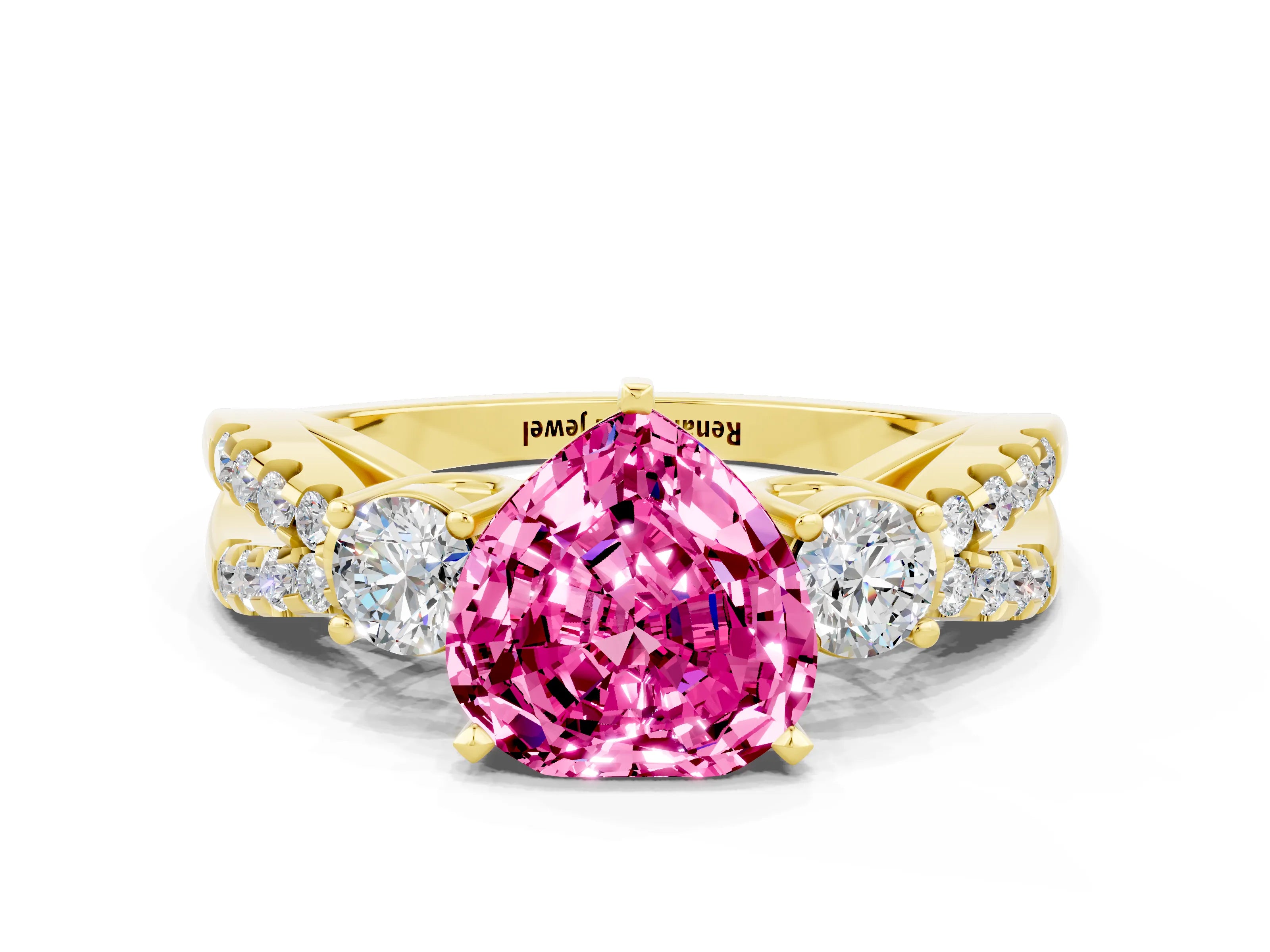 Yellow gold Heart Cut Pink Sapphire Three-Stone Ring with Pavé Split Shank and Four-Prong Setting_24
