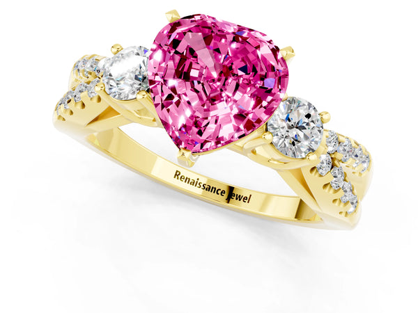 Yellow gold Heart Cut Pink Sapphire Three-Stone Ring with Pavé Split Shank and Four-Prong Setting