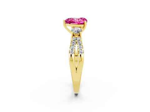 Yellow gold Heart Cut Pink Sapphire Three-Stone Ring with Pavé Split Shank and Four-Prong Setting_26