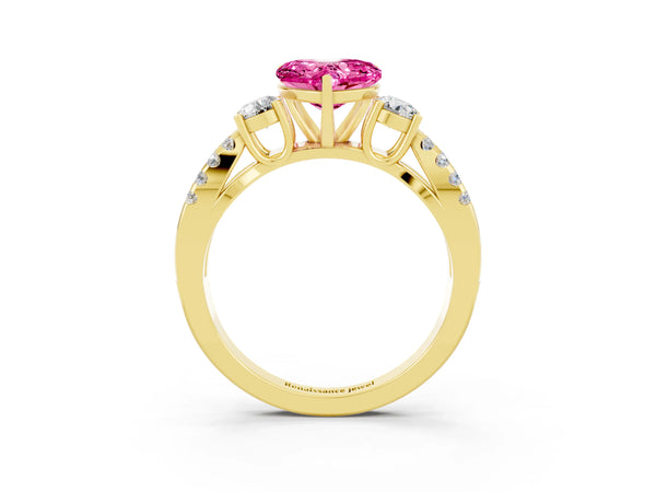 Yellow gold Heart Cut Pink Sapphire Three-Stone Ring with Pavé Split Shank and Four-Prong Setting
