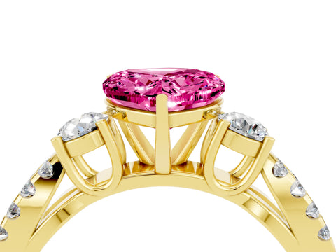 Yellow gold Heart Cut Pink Sapphire Three-Stone Ring with Pavé Split Shank and Four-Prong Setting_28