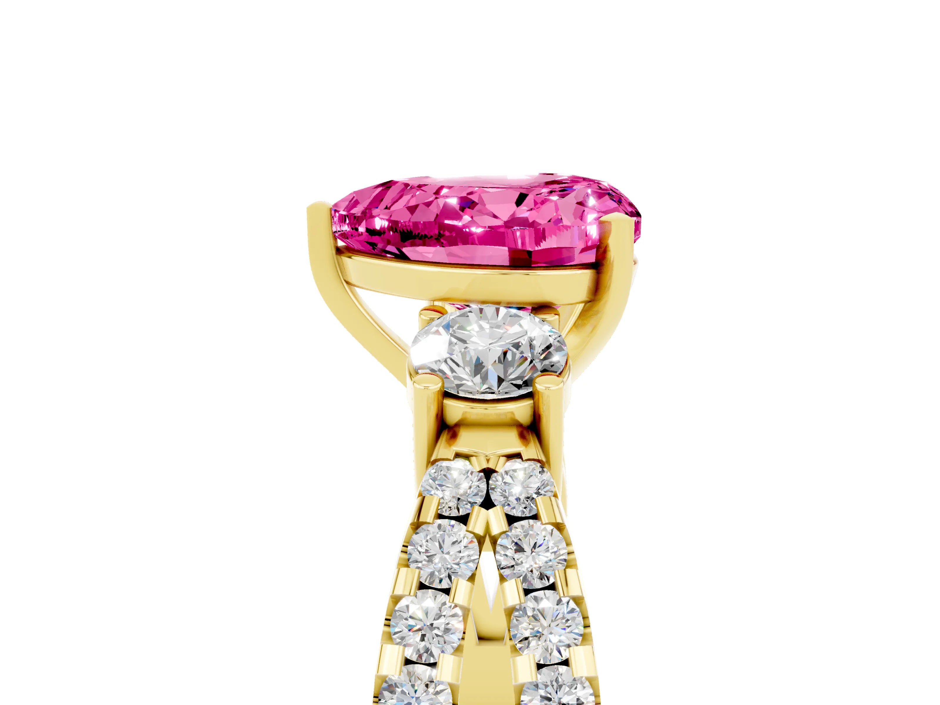 Yellow gold Heart Cut Pink Sapphire Three-Stone Ring with Pavé Split Shank and Four-Prong Setting_29