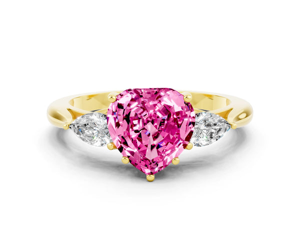 Yellow gold Heart Cut Pink Sapphire Three-Stone Ring with Pear  Side Stones and Prong Setting