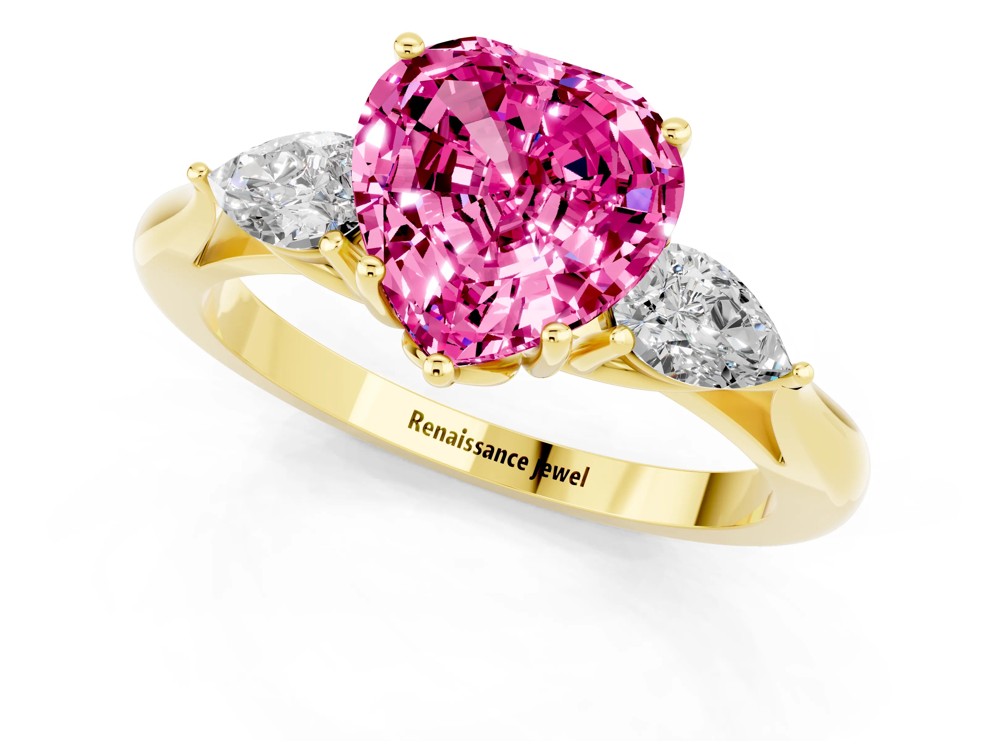 Yellow gold Heart Cut Pink Sapphire Three-Stone Ring with Pear Side Stones and Four-Prong Setting_13