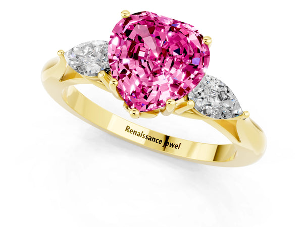 Yellow gold Heart Cut Pink Sapphire Three-Stone Ring with Pear  Side Stones and Prong Setting