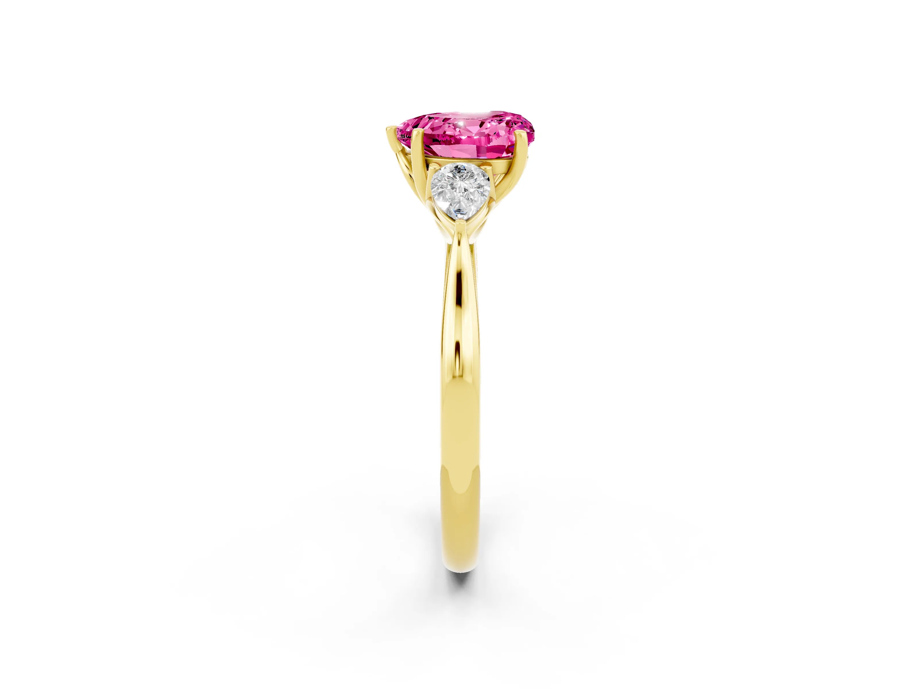 Yellow gold Heart Cut Pink Sapphire Three-Stone Ring with Pear Side Stones and Four-Prong Setting_14