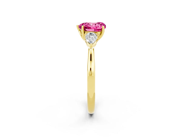 Yellow gold Heart Cut Pink Sapphire Three-Stone Ring with Pear  Side Stones and Prong Setting