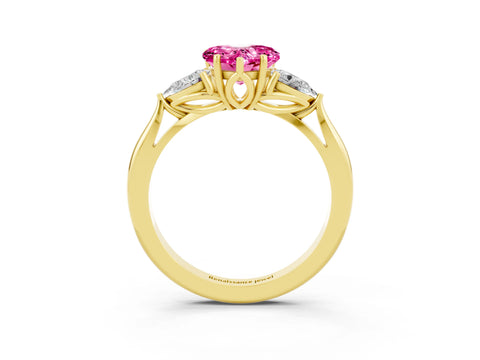 Yellow gold Heart Cut Pink Sapphire Three-Stone Ring with Pear Side Stones and Four-Prong Setting_15