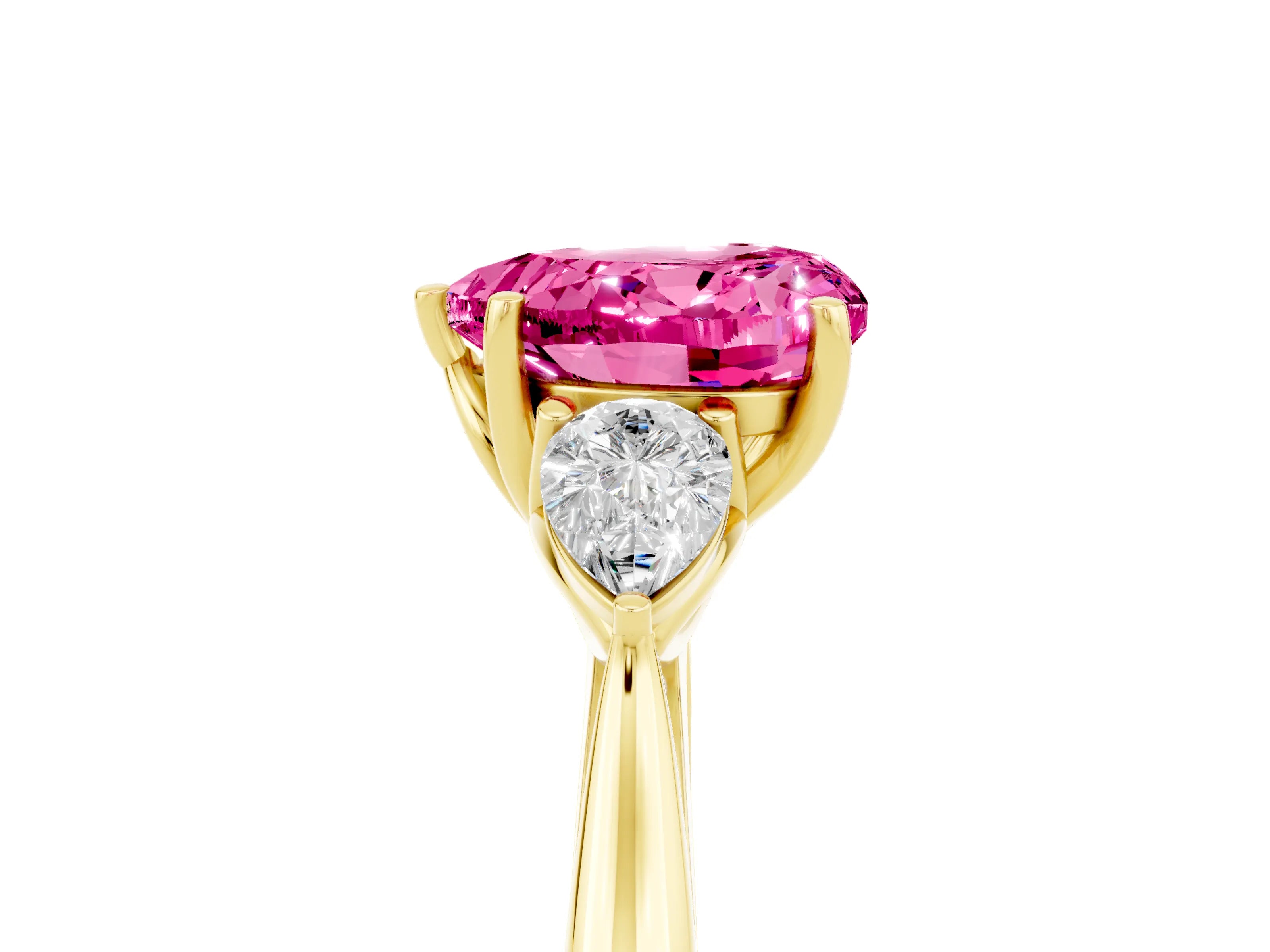 Yellow gold Heart Cut Pink Sapphire Three-Stone Ring with Pear Side Stones and Four-Prong Setting_17