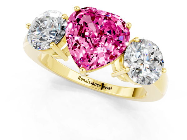Yellow gold Heart Cut Pink Sapphire Three-Stone Ring with Prong Setting and Classic Band