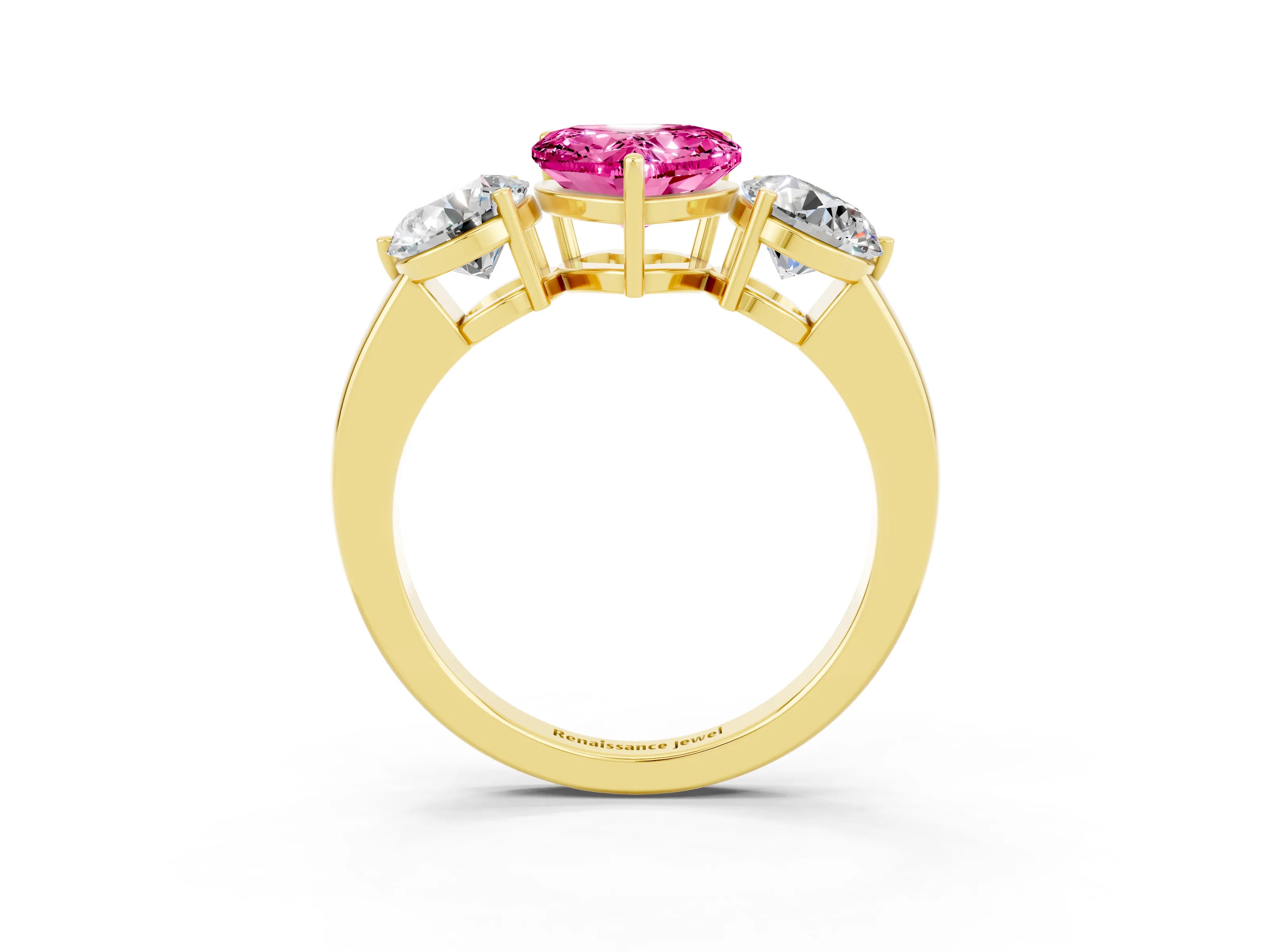 Yellow gold Heart Cut Pink Sapphire Three-Stone Ring with Prong Setting and Classic Band_3