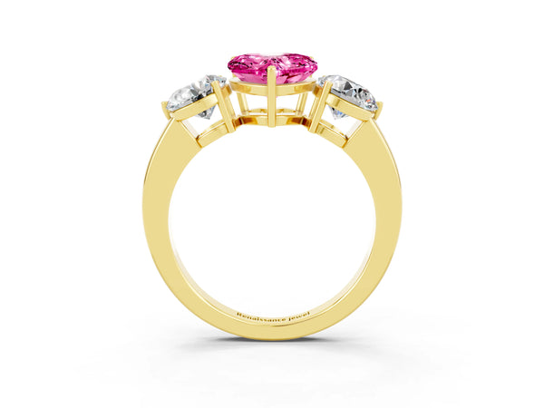 Yellow gold Heart Cut Pink Sapphire Three-Stone Ring with Prong Setting and Classic Band