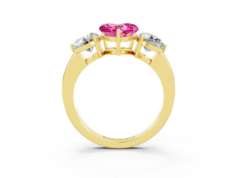 Yellow gold Heart Cut Pink Sapphire Three-Stone Ring with Prong Setting and Classic Band_3