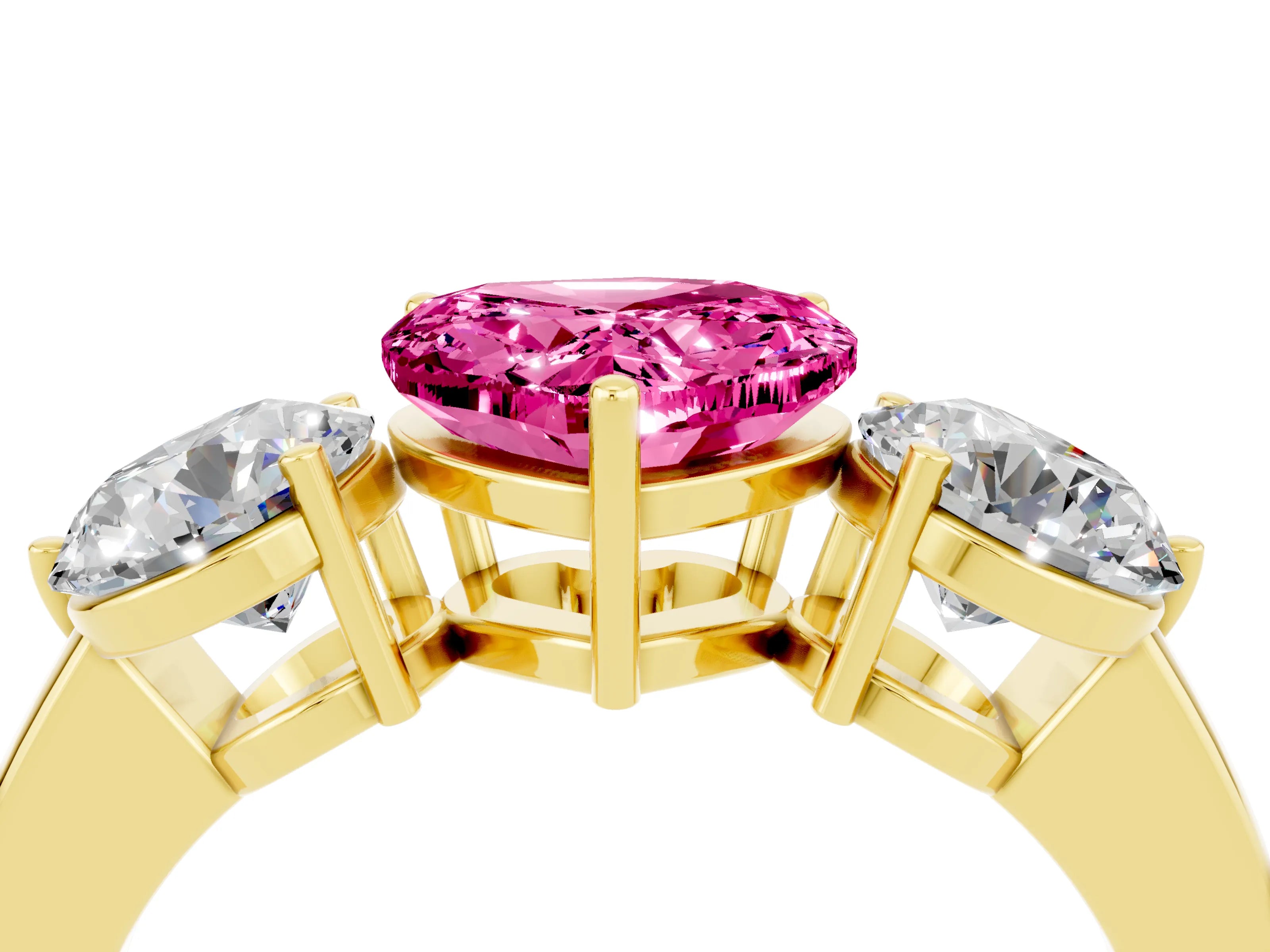 Yellow gold Heart Cut Pink Sapphire Three-Stone Ring with Prong Setting and Classic Band_4