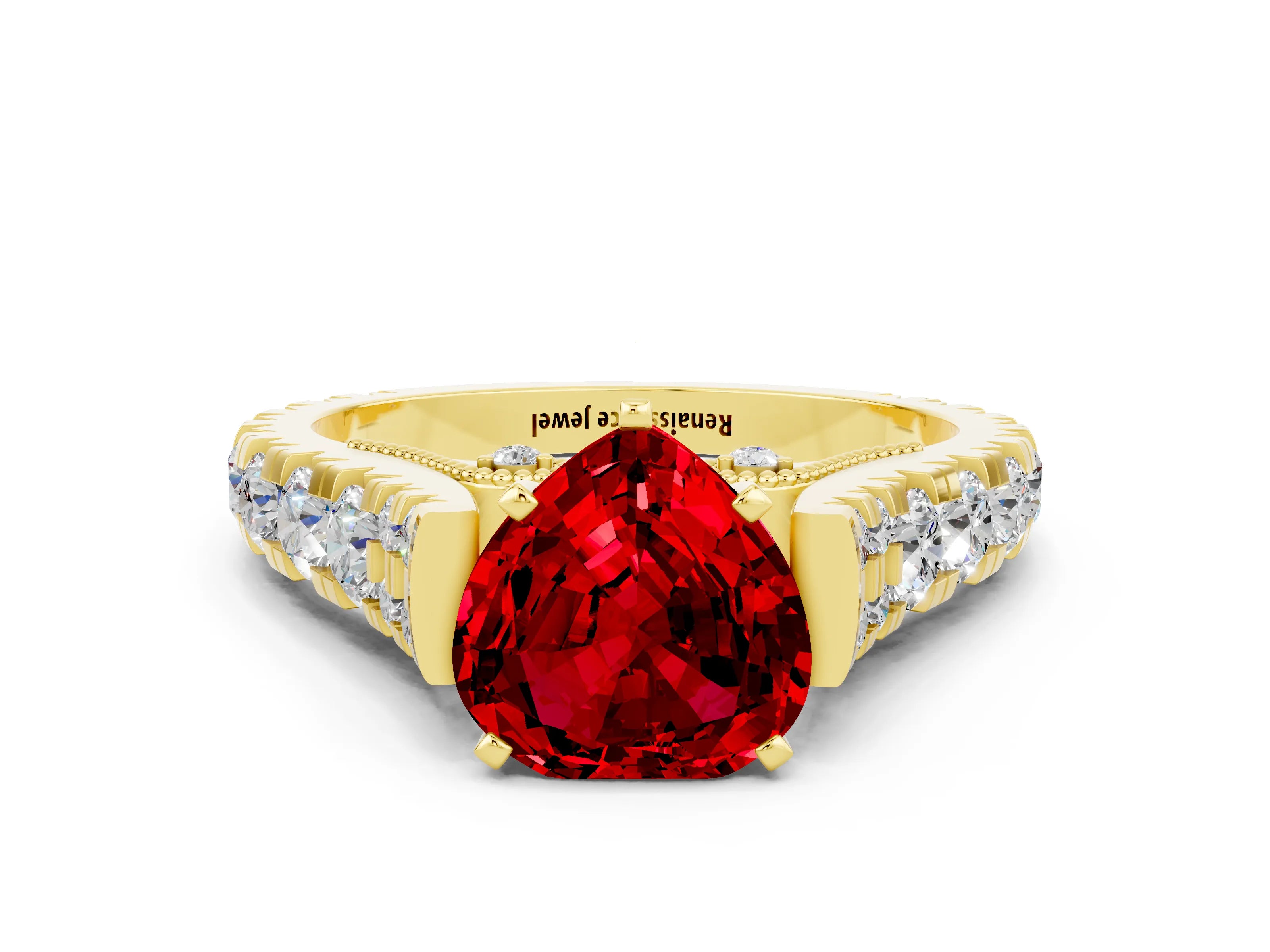 Yellow gold Heart Cut Ruby Classic Solitaire Ring with Pavé Band and Four-Prong Setting