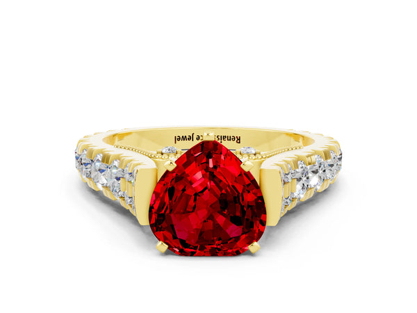 Yellow gold Heart Cut Ruby Classic Solitaire Ring with Pavé Band and Four-Prong Setting