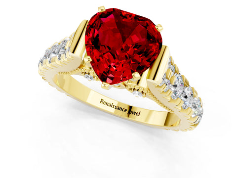 Yellow gold Heart Cut Ruby Classic Solitaire Ring with Pavé Band and Four-Prong Setting_1