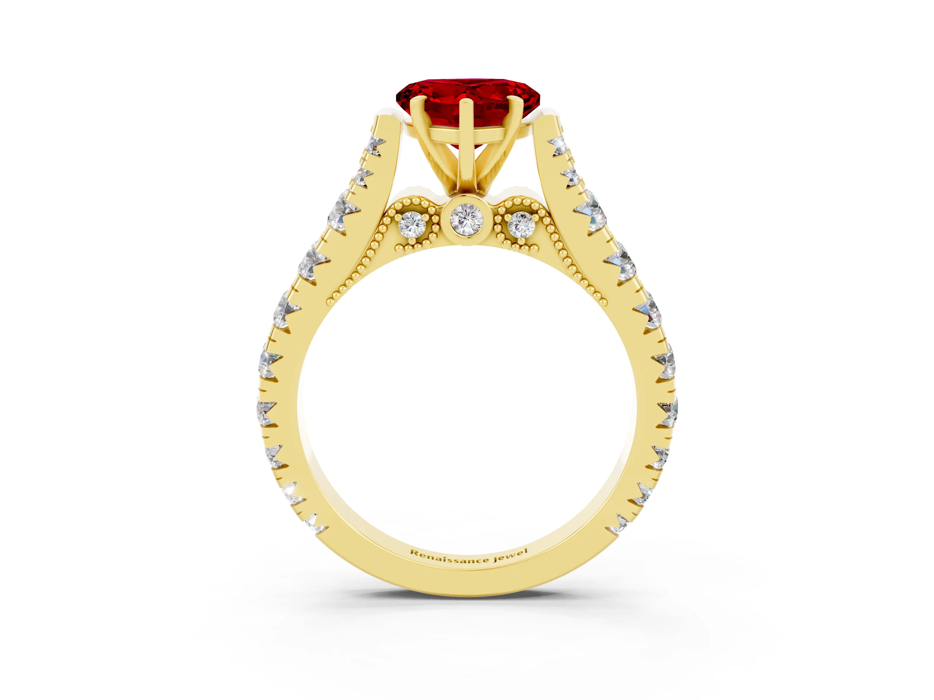 Yellow gold Heart Cut Ruby Classic Solitaire Ring with Pavé Band and Four-Prong Setting_3