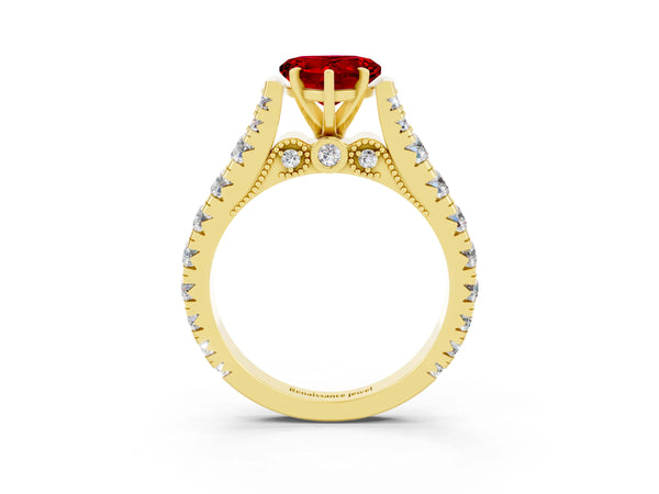 Yellow gold Heart Cut Ruby Classic Solitaire Ring with Pavé Band and Four-Prong Setting