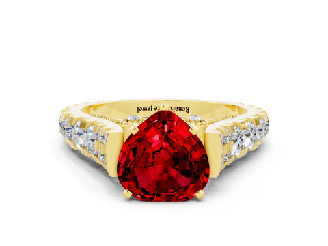 Yellow gold Heart Cut Ruby Classic Solitaire Ring with Pavé Band and Four-Prong Setting