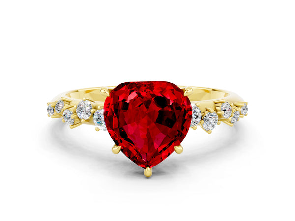 Yellow gold Heart Cut Ruby Cluster Side Stone Solitaire Ring with Prong Setting
