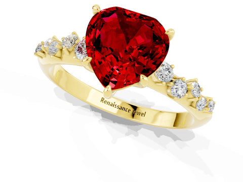 Yellow gold Heart Cut Ruby Cluster Side Stone Solitaire Ring with Prong Setting_25