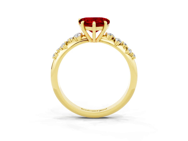 Yellow gold Heart Cut Ruby Cluster Side Stone Solitaire Ring with Prong Setting