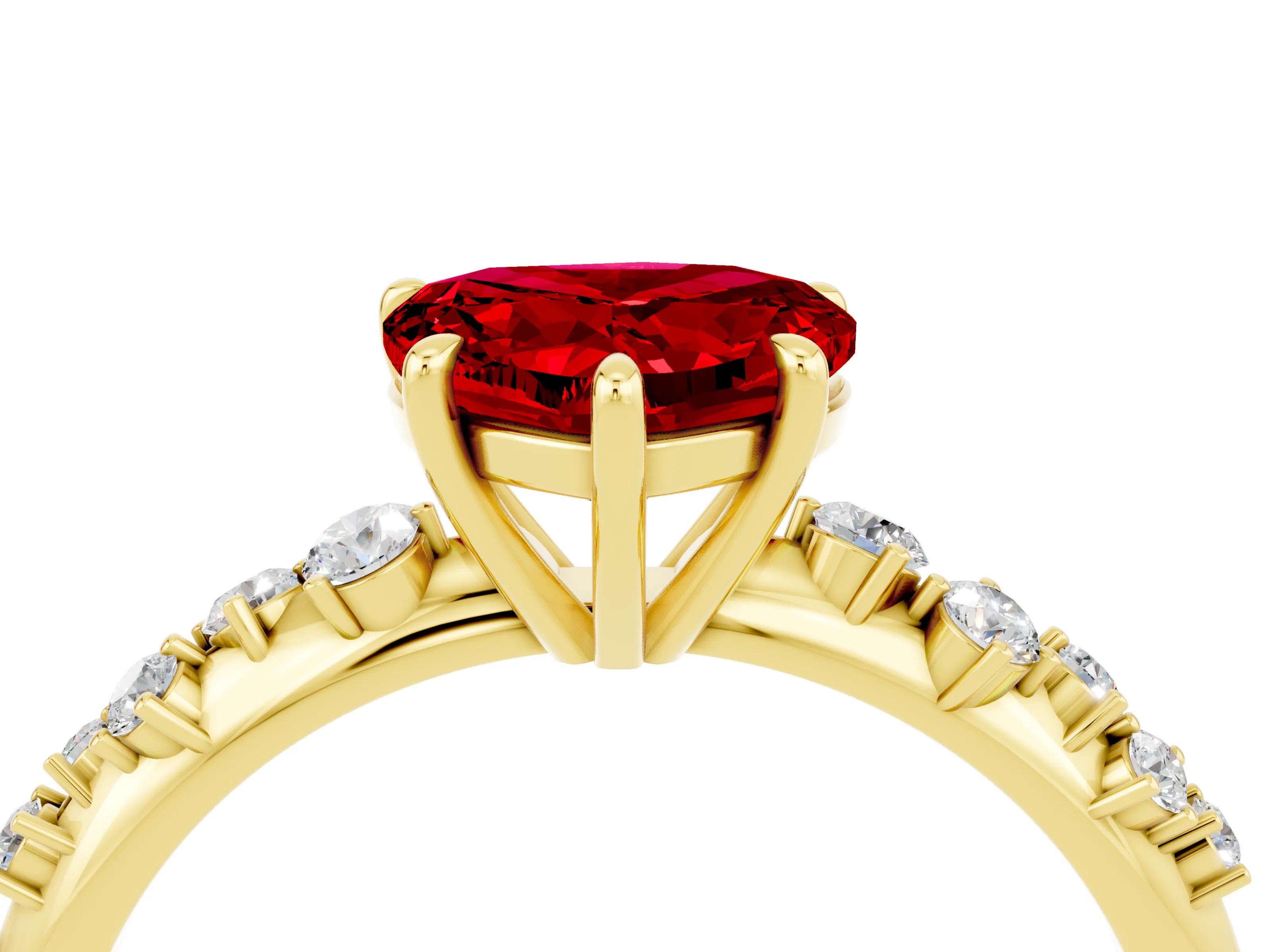 Yellow gold Heart Cut Ruby Cluster Side Stone Solitaire Ring with Prong Setting_28