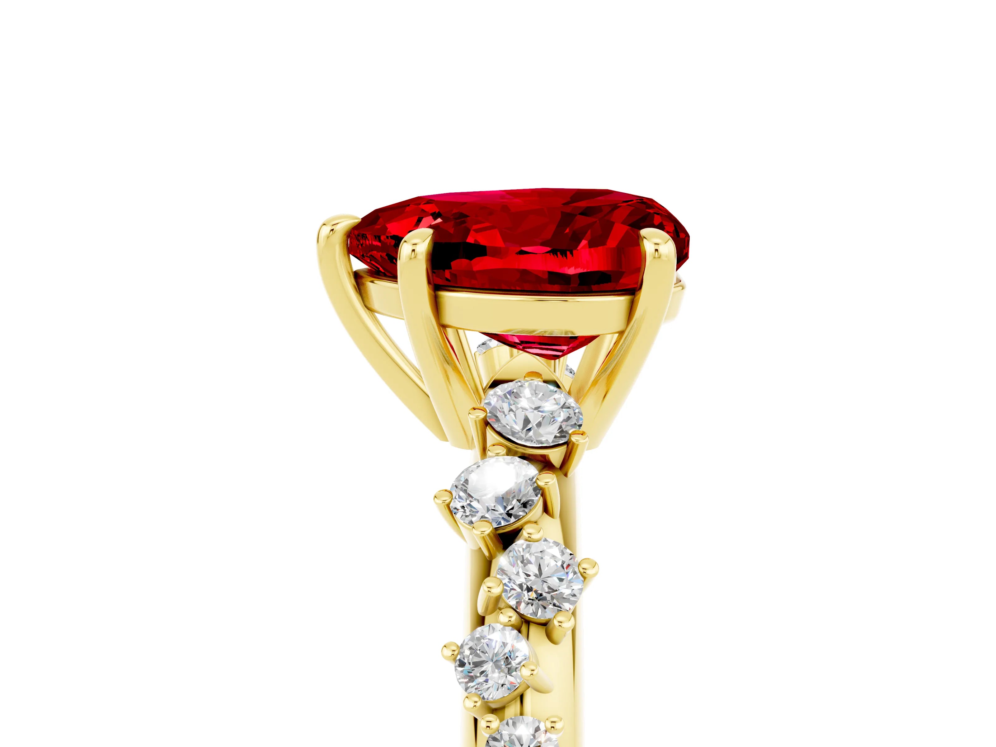 Yellow gold Heart Cut Ruby Cluster Side Stone Solitaire Ring with Prong Setting_29
