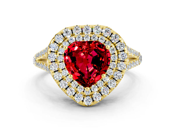 Yellow gold Heart Cut Ruby Double Halo Ring with Pavé Band and Prong Setting