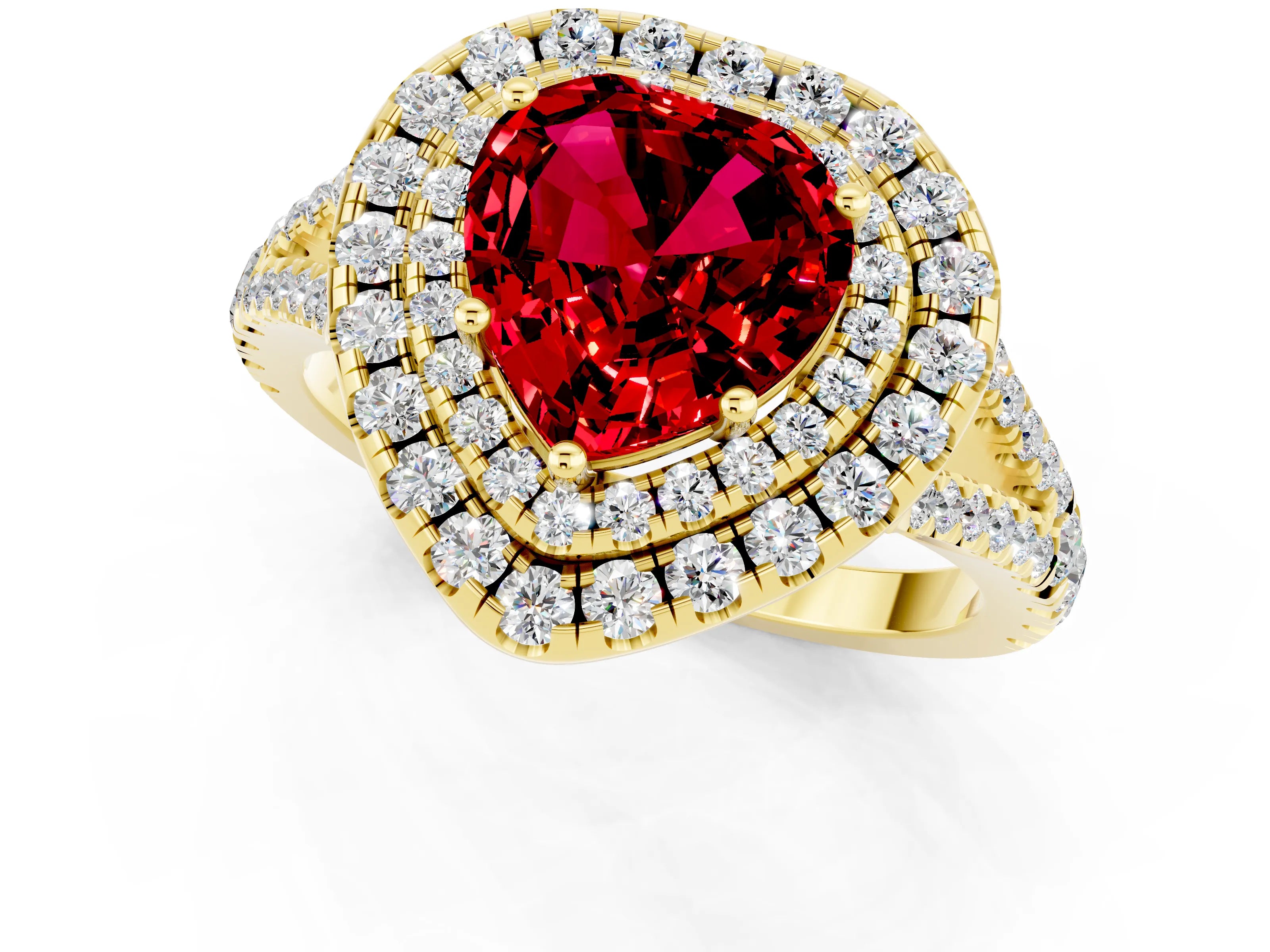 Yellow gold Heart Cut Ruby Double Halo Ring with Pavé Band and Prong Setting_13