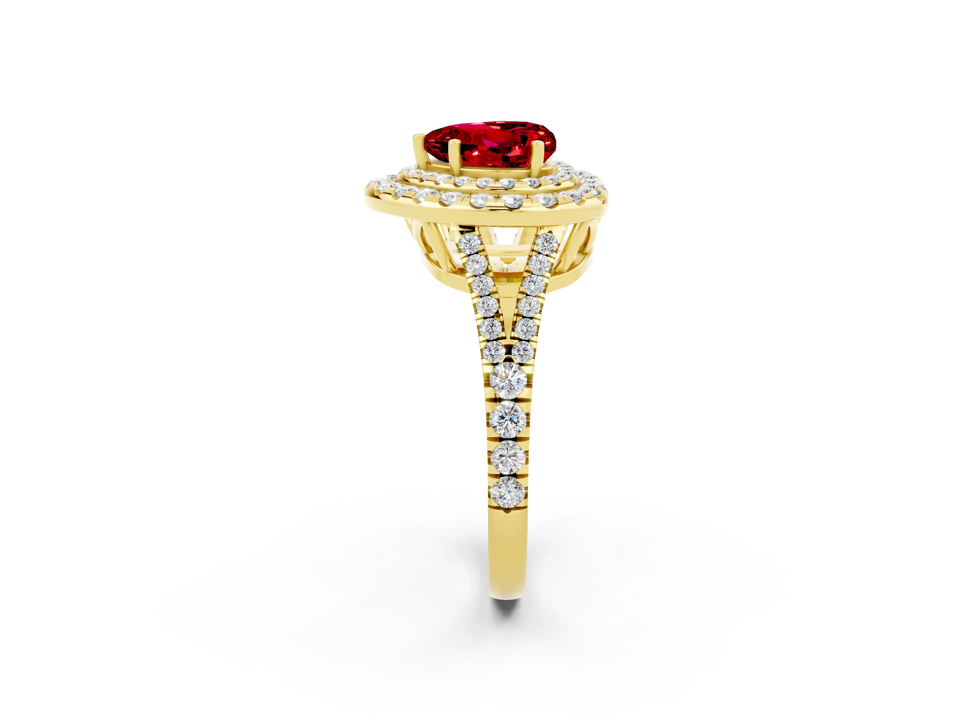 Yellow gold Heart Cut Ruby Double Halo Ring with Pavé Band and Prong Setting_14