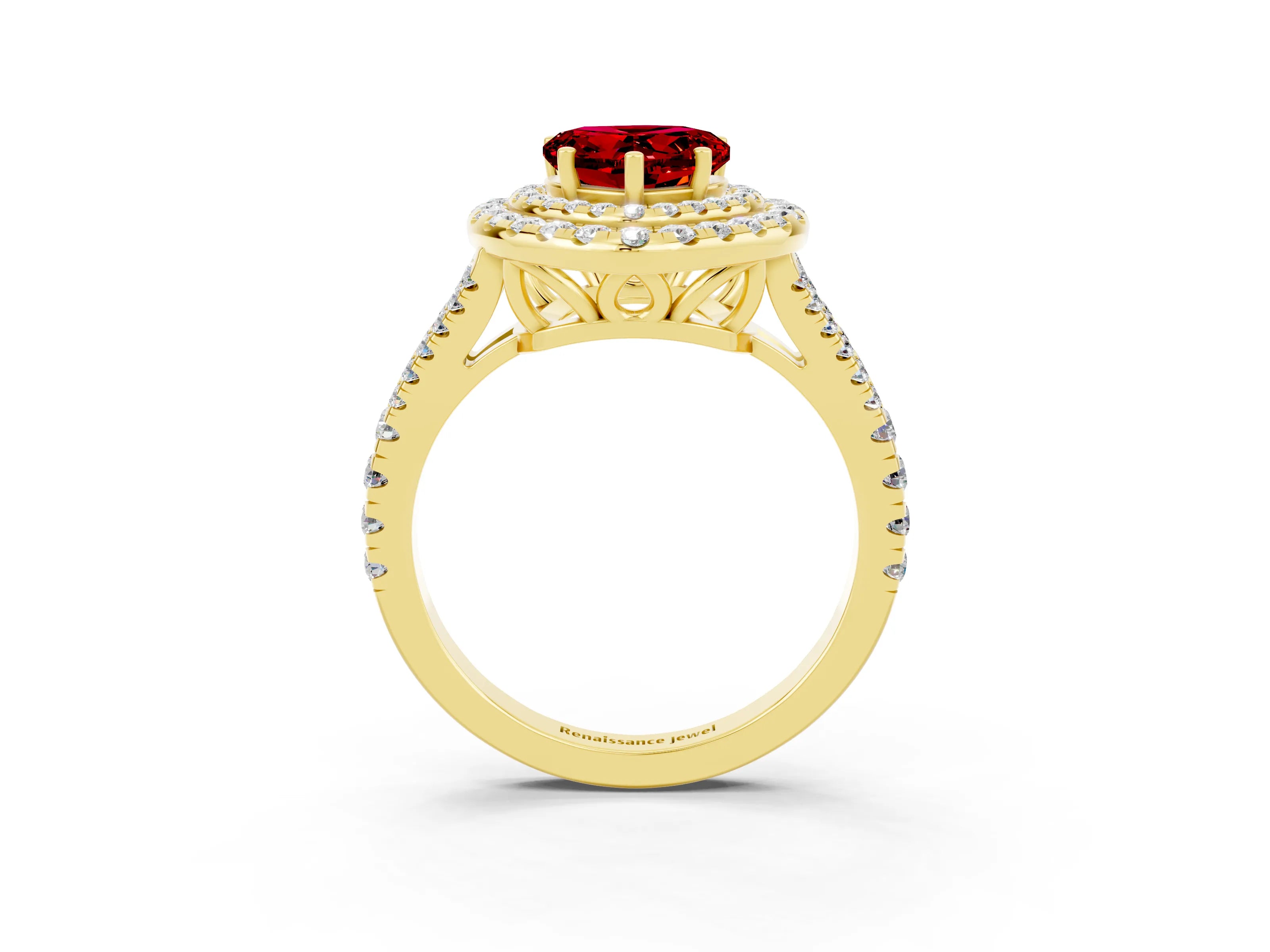 Yellow gold Heart Cut Ruby Double Halo Ring with Pavé Band and Prong Setting_15