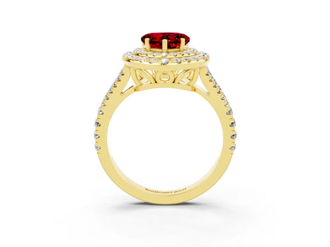 Yellow gold Heart Cut Ruby Double Halo Ring with Pavé Band and Prong Setting_15
