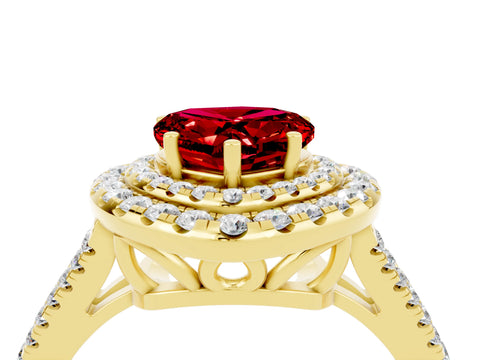Yellow gold Heart Cut Ruby Double Halo Ring with Pavé Band and Prong Setting_16