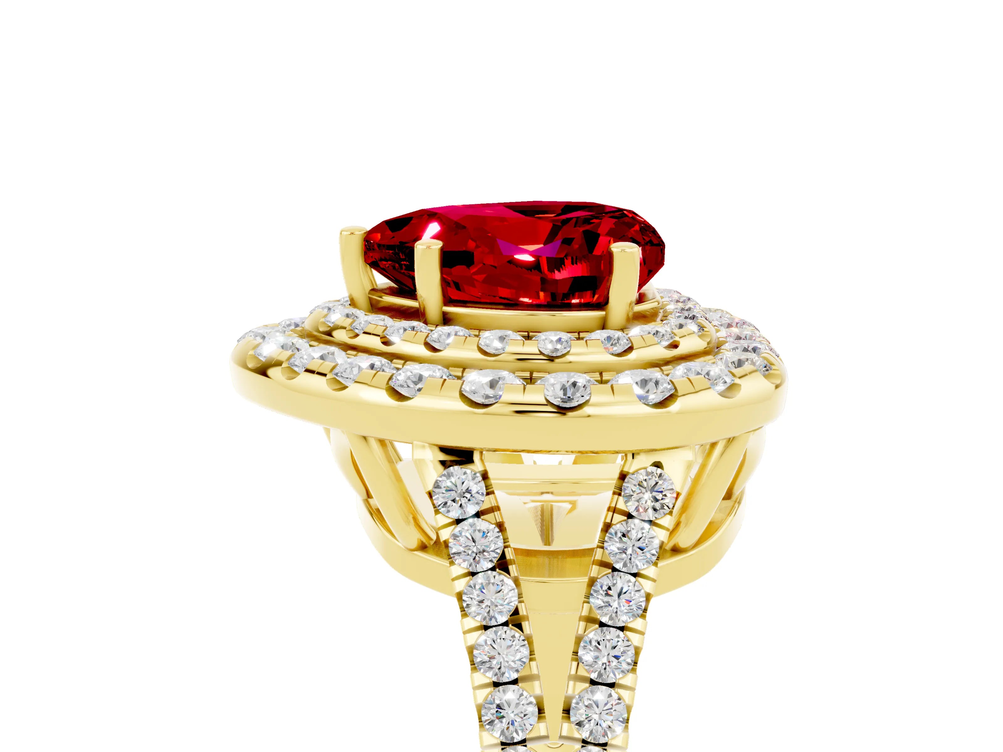 Yellow gold Heart Cut Ruby Double Halo Ring with Pavé Band and Prong Setting_17