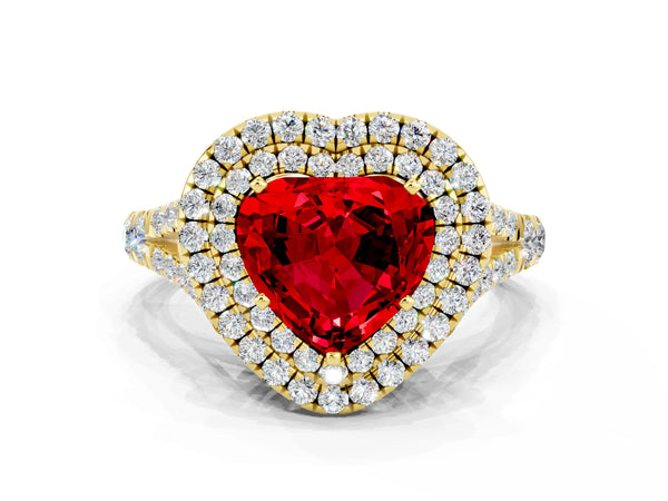 Yellow gold Heart Cut Ruby Double Halo Ring with Split Shank and Prong Setting