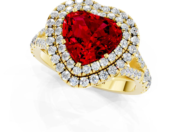 Yellow gold Heart Cut Ruby Double Halo Ring with Split Shank and Prong Setting