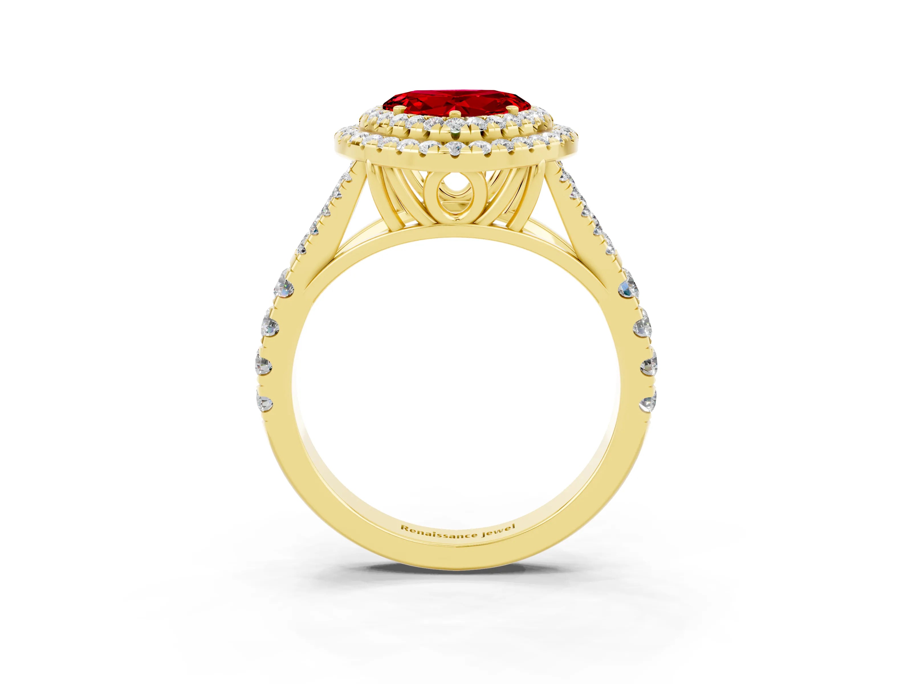 Yellow gold Heart Cut Ruby Double Halo Ring with Split Shank and Prong Setting_15