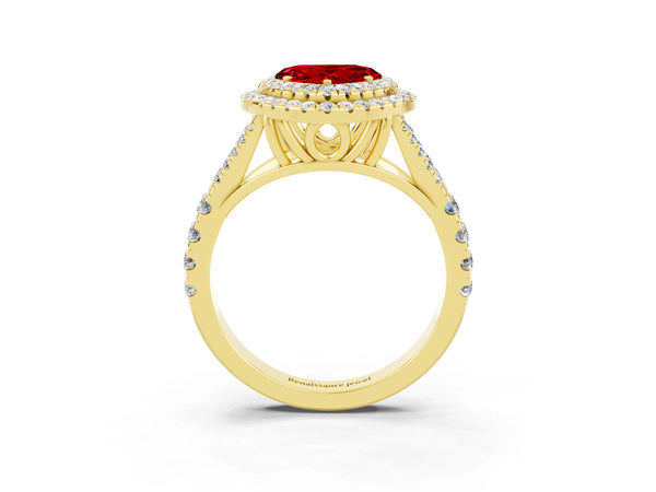 Yellow gold Heart Cut Ruby Double Halo Ring with Split Shank and Prong Setting