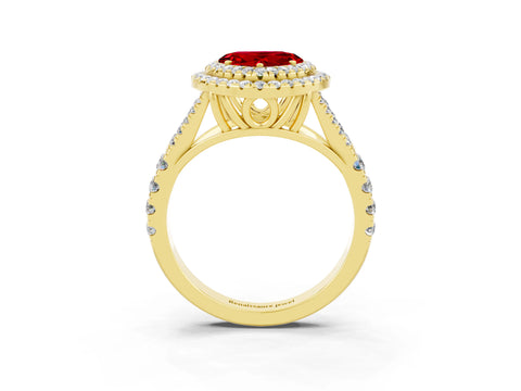 Yellow gold Heart Cut Ruby Double Halo Ring with Split Shank and Prong Setting_15