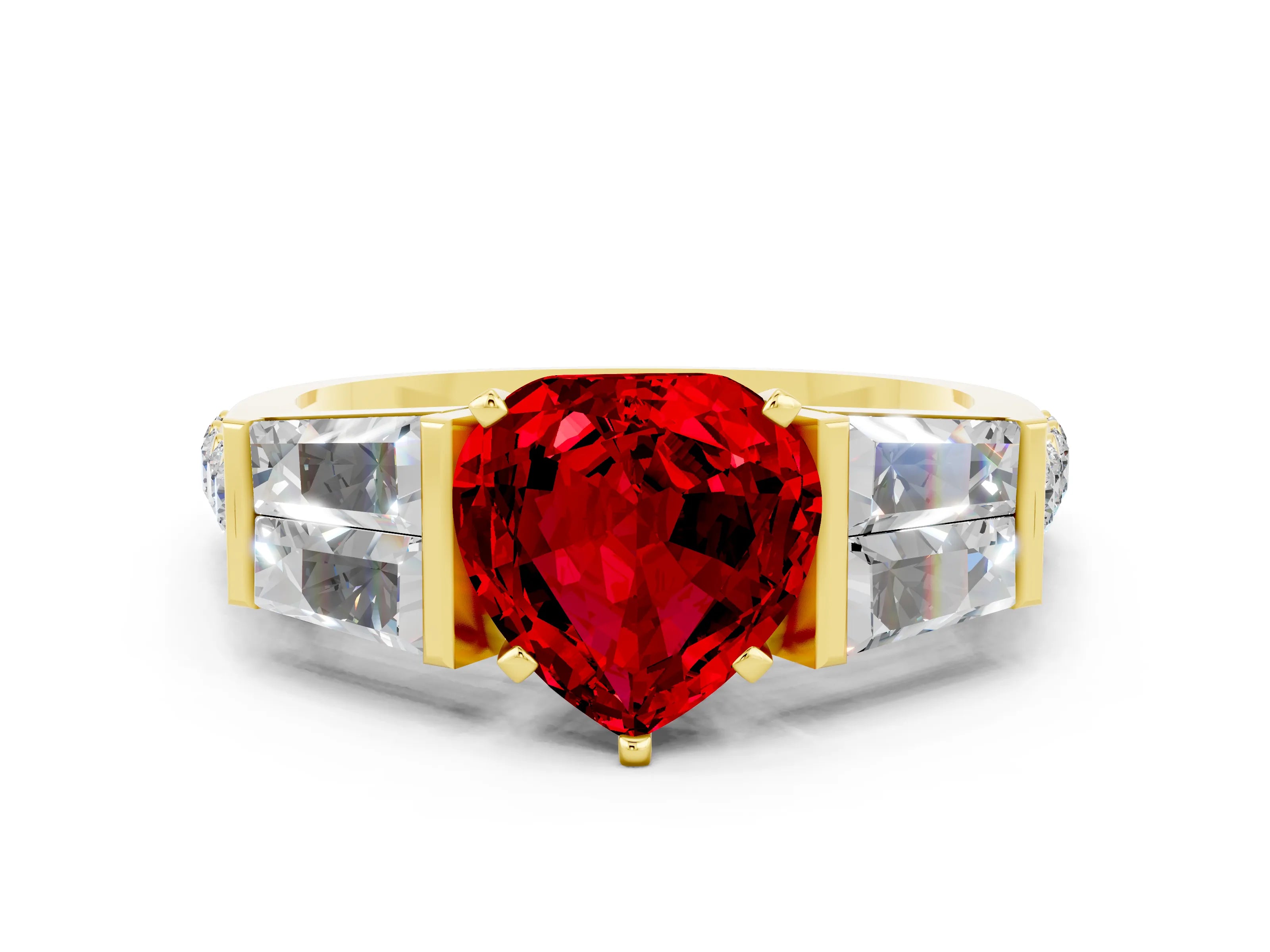Yellow gold Heart Cut Ruby Engagement Ring with Baguette Side Stones and Channel Set Band