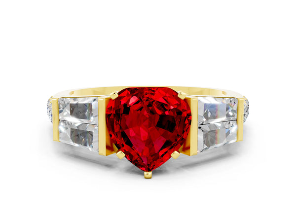 Yellow gold Heart Cut Ruby Engagement Ring with Baguette Side Stones and Channel Set Band