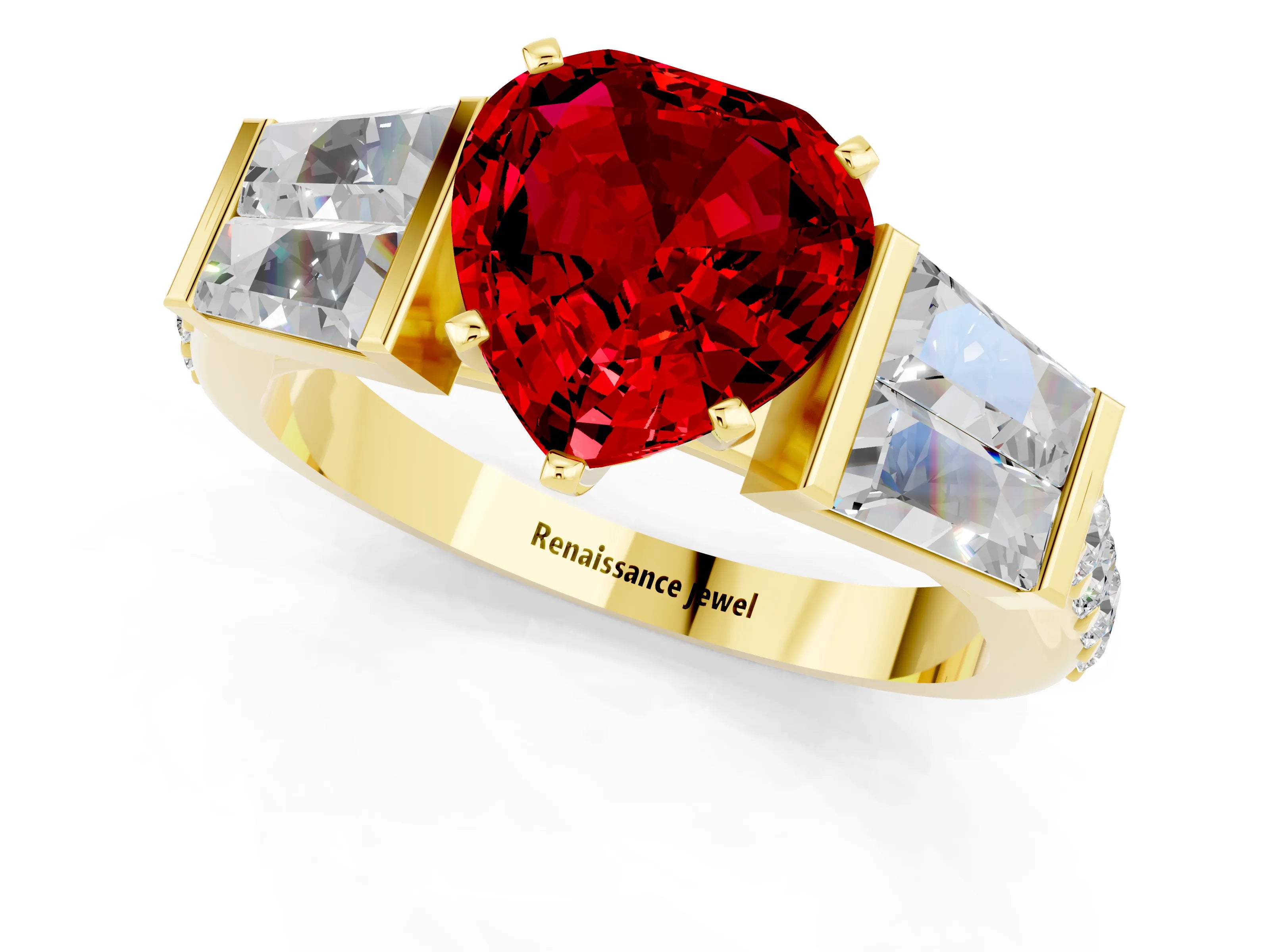 Yellow gold Heart Cut Ruby Engagement Ring with Baguette Side Stones and Channel Set Band_1