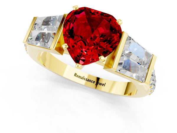 Yellow gold Heart Cut Ruby Engagement Ring with Baguette Side Stones and Channel Set Band