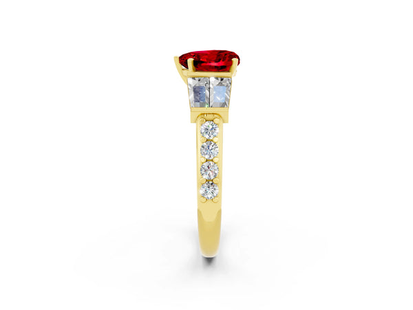 Yellow gold Heart Cut Ruby Engagement Ring with Baguette Side Stones and Channel Set Band