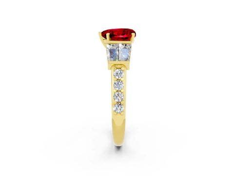 Yellow gold Heart Cut Ruby Engagement Ring with Baguette Side Stones and Channel Set Band_2