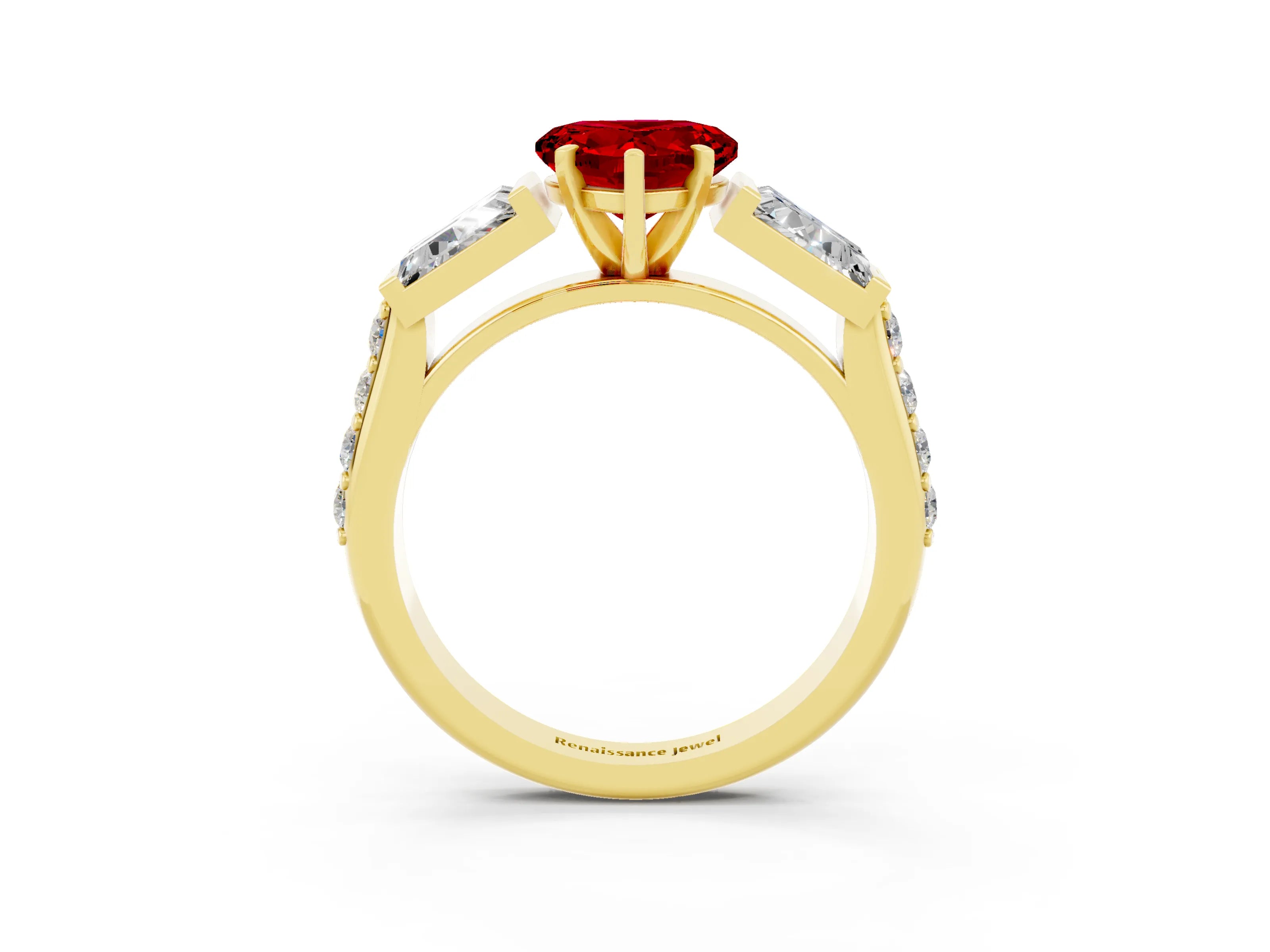 Yellow gold Heart Cut Ruby Engagement Ring with Baguette Side Stones and Channel Set Band_3