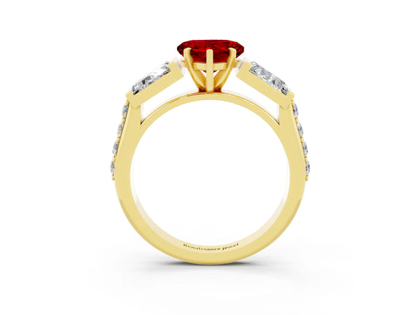Yellow gold Heart Cut Ruby Engagement Ring with Baguette Side Stones and Channel Set Band